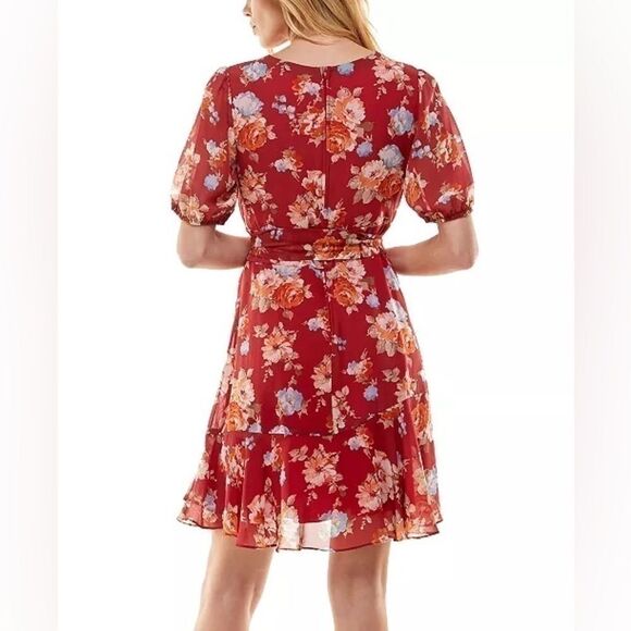 B DARLIN Juniors' Pleated-Neck Puff-Sleeve Dress Brick Multi New 9/10 - Picture 8 of 15